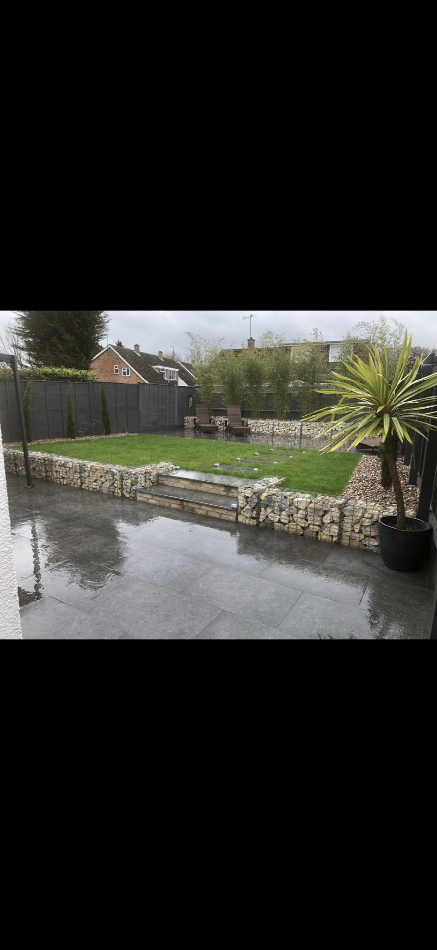 Wet dark grey porcelain patio with gabion stone retaining walls, raised lawn, and tropical yucca planting.